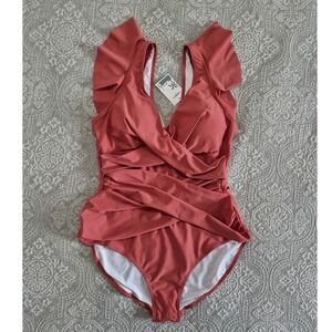 B2PRITY Women Ruffled One Piece Swimsuit V Neck Ruched Terracotta Coral NWT